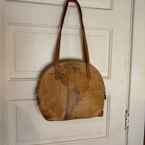 Alviero Martini La Classe Geo Map Leather Print Soft Shoulder Travel Bag Brown - Picture 5 of 9